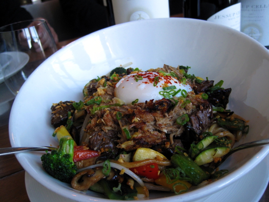 animal Shanghai Garlic Noodles, 'Animal Style', Winter vegetables, Kalua pig, shaking beef, shrimp and poached egg that jiggles