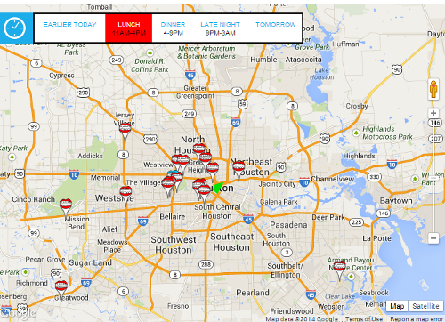 The green spot in the middle is downtown Houston. Notice all the food trucks are OUTSIDE downtown Houston. (Map from Roaming Hunger.com)