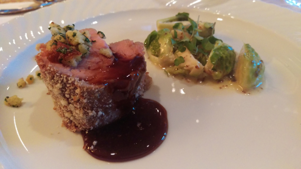 Pretzel-Crusted Veal Loin, Mustard Brussels Sprouts 